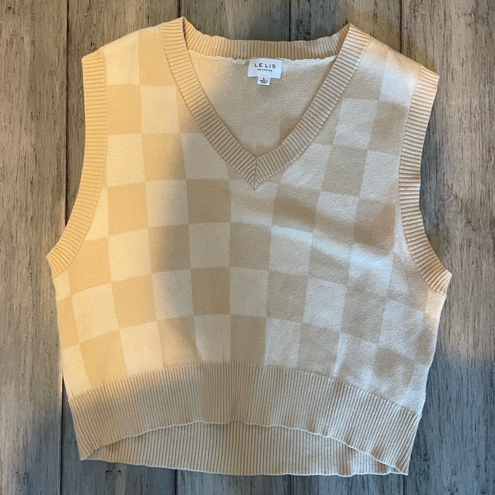 Beige Checkered V-Neck Sweater Vest